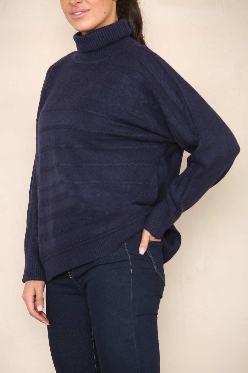HORIZONTAL CABLE SOFT KNIT ROLL NECK JUMPER NAVY