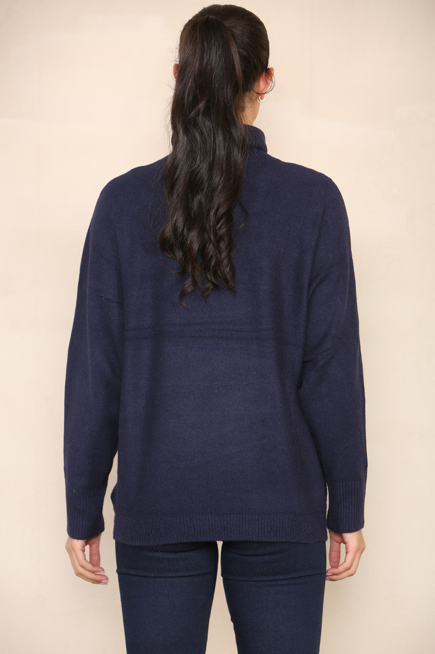 HORIZONTAL CABLE SOFT KNIT ROLL NECK JUMPER NAVY