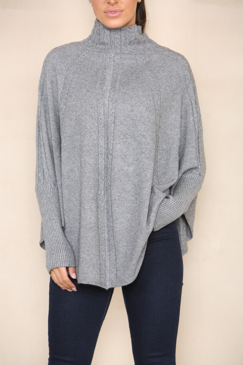 VERTICAL CABLE SOFT KNIT BATWING HIGH NECK JUMPER GREY