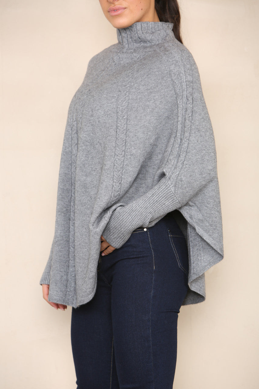 VERTICAL CABLE SOFT KNIT BATWING HIGH NECK JUMPER GREY