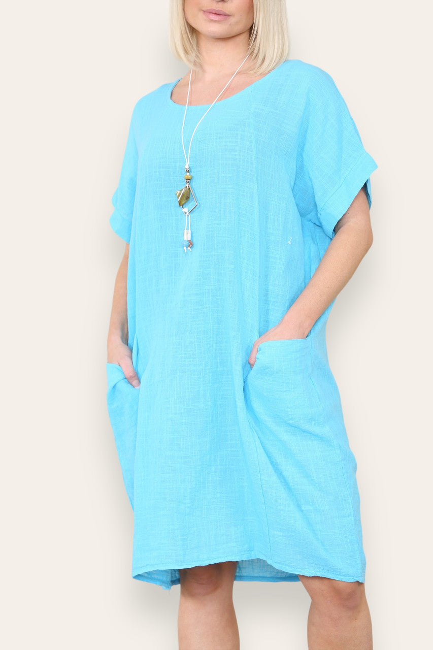 PLAIN TUNIC DRESS WITH POCKETS & NECKLACE TURQUOISE