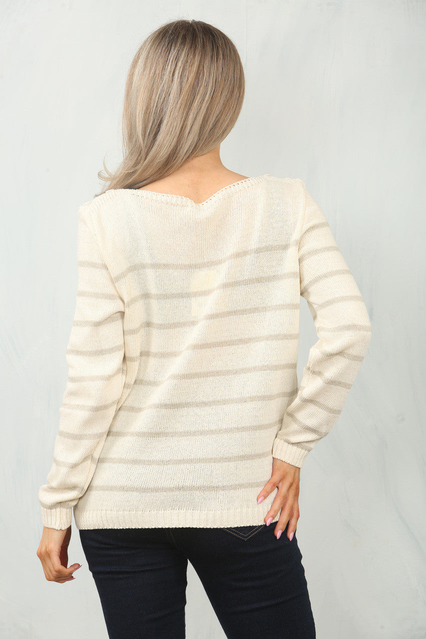 KNITTED STRIPE LONG SLEEVE JUMPER TOP - WHITE/STONE