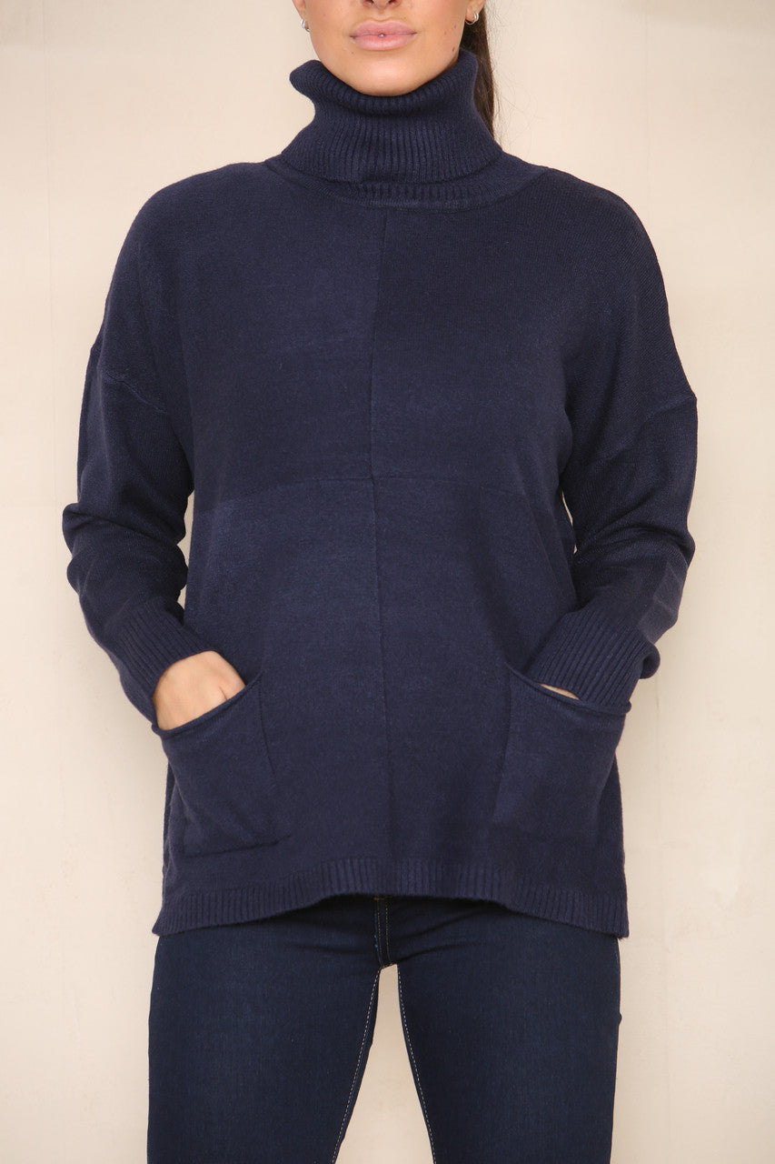 POCKET FRONT SOFT KNIT ROLL NECK JUMPER NAVY
