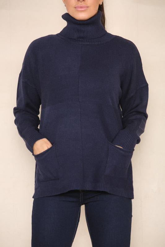 POCKET FRONT SOFT KNIT ROLL NECK JUMPER NAVY