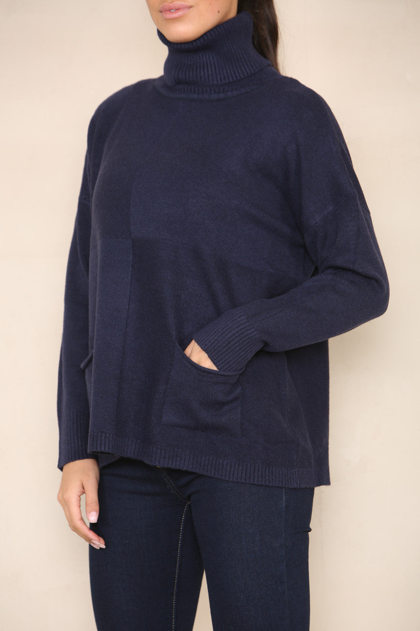 POCKET FRONT SOFT KNIT ROLL NECK JUMPER NAVY