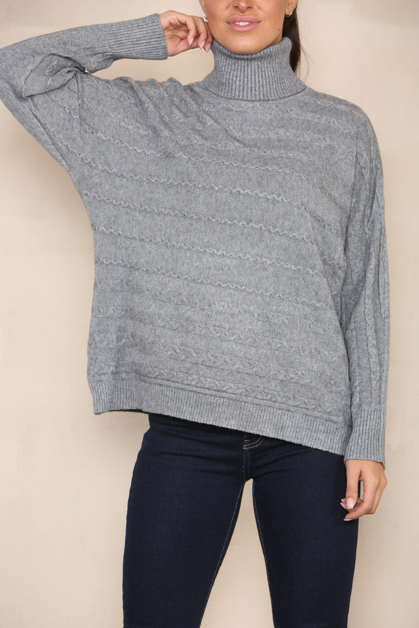 HORIZONTAL CABLE SOFT KNIT ROLL NECK JUMPER GREY