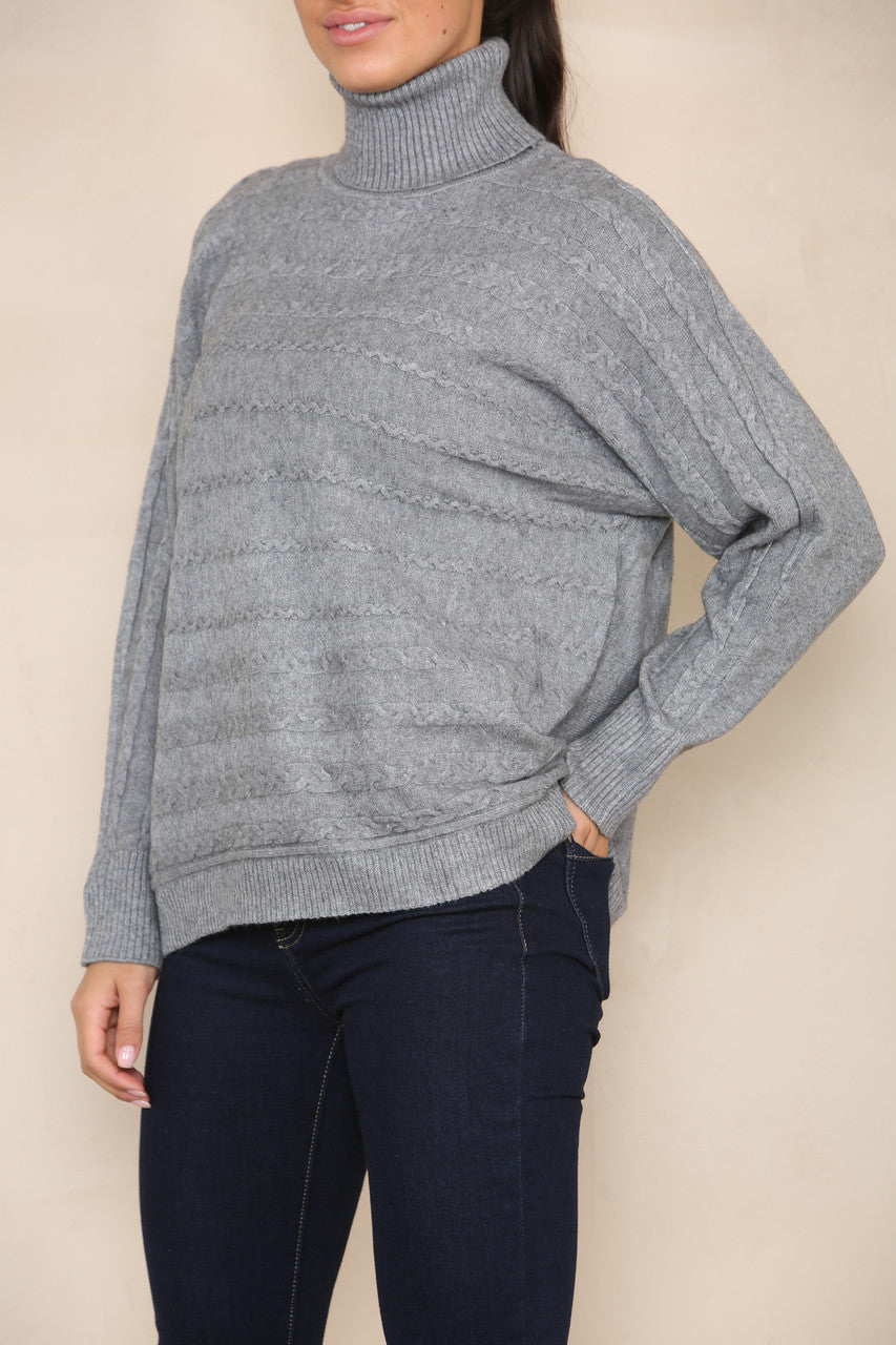 HORIZONTAL CABLE SOFT KNIT ROLL NECK JUMPER GREY