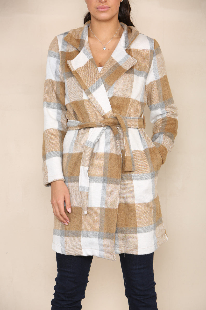 CHECK BELTED CARDIGAN JACKET TAN