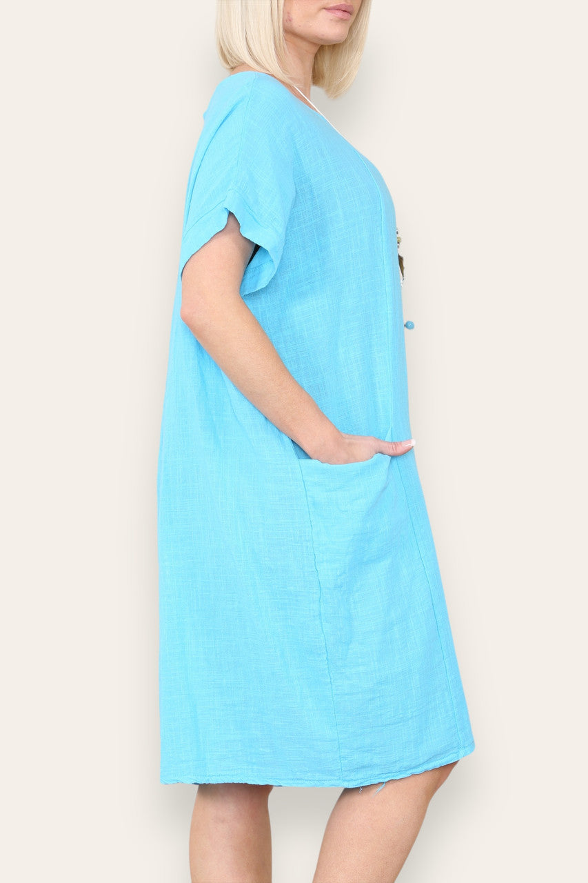 PLAIN TUNIC DRESS WITH POCKETS & NECKLACE TURQUOISE