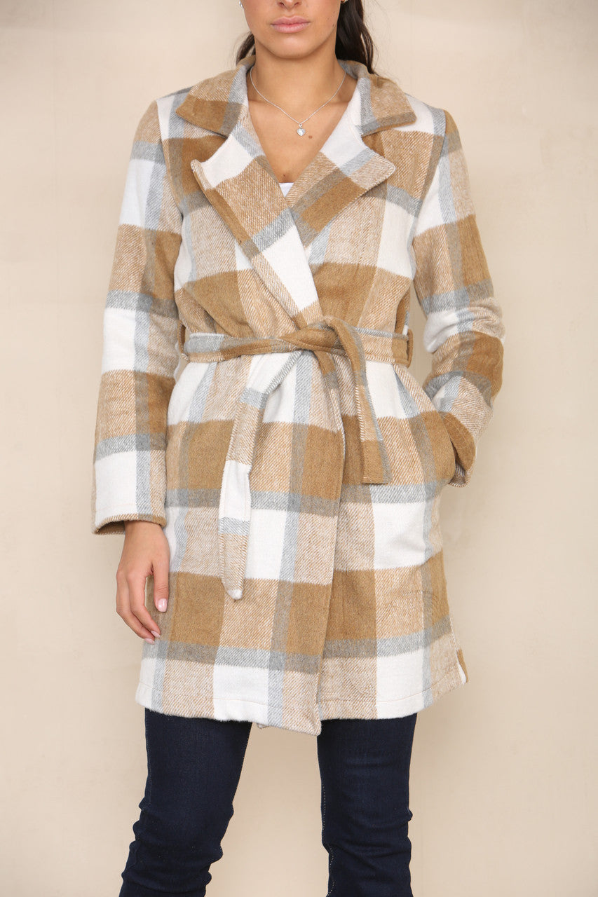 CHECK BELTED CARDIGAN JACKET TAN