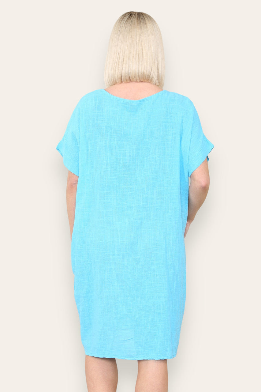PLAIN TUNIC DRESS WITH POCKETS & NECKLACE TURQUOISE