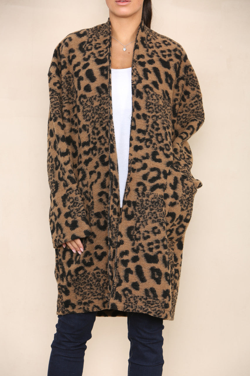 LEOPARD PRINT BOILED WOOL COAT JACKET BROWN
