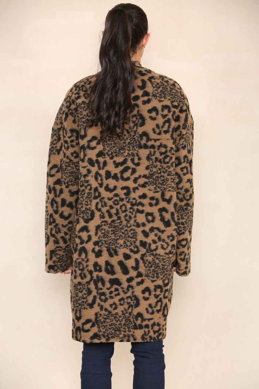 LEOPARD PRINT BOILED WOOL COAT JACKET BROWN