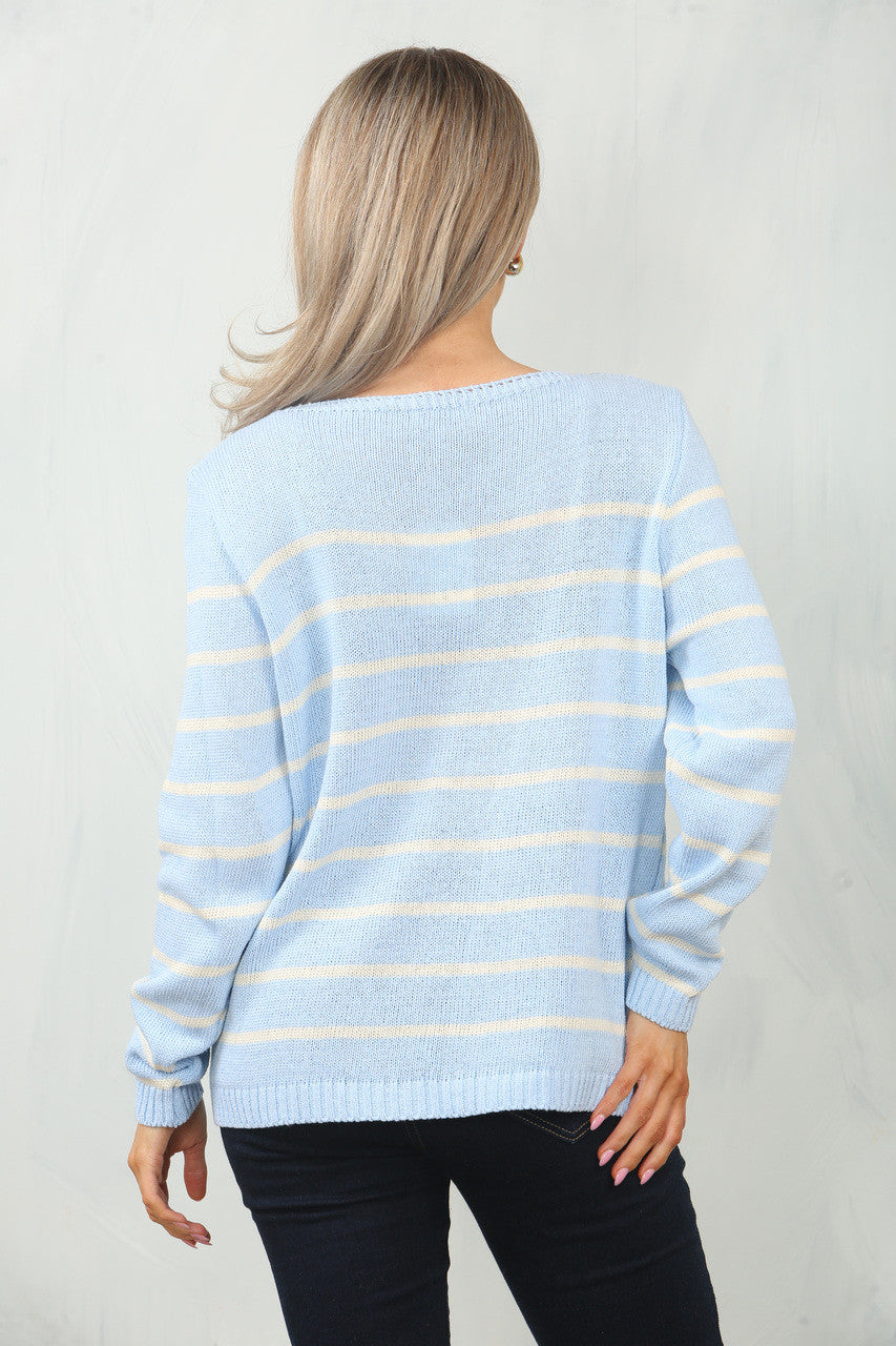 KNITTED STRIPE LONG SLEEVE JUMPER TOP - LIGHT BLUE/WHITE