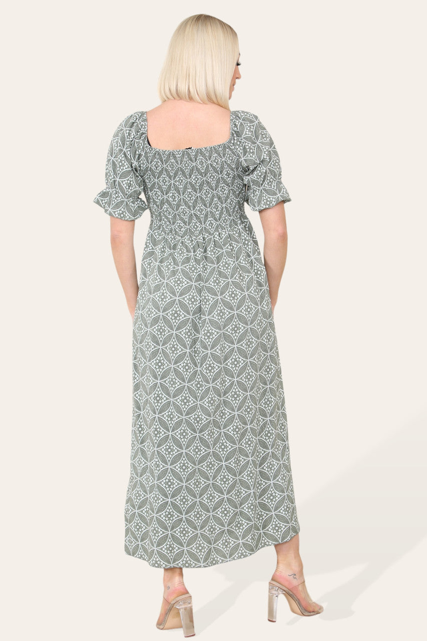 LUCHTIGE GEOMETRISCHE BLOEMEN MAXI JURK MET BARDOT HALSLIJN KHAKI