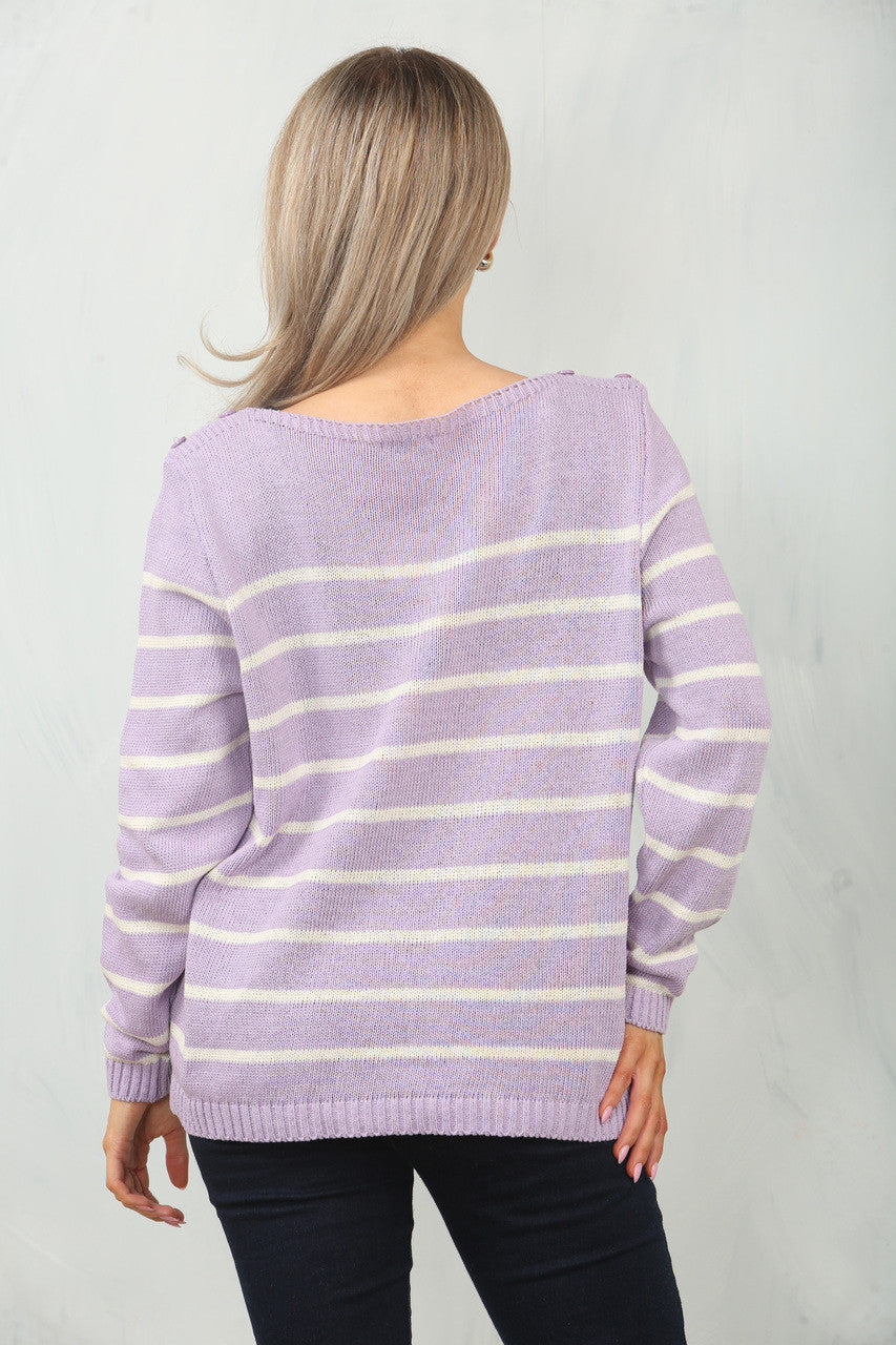 GEBREIDE STREEP LANGE MOUW TRUI TOP - LILA/WIT