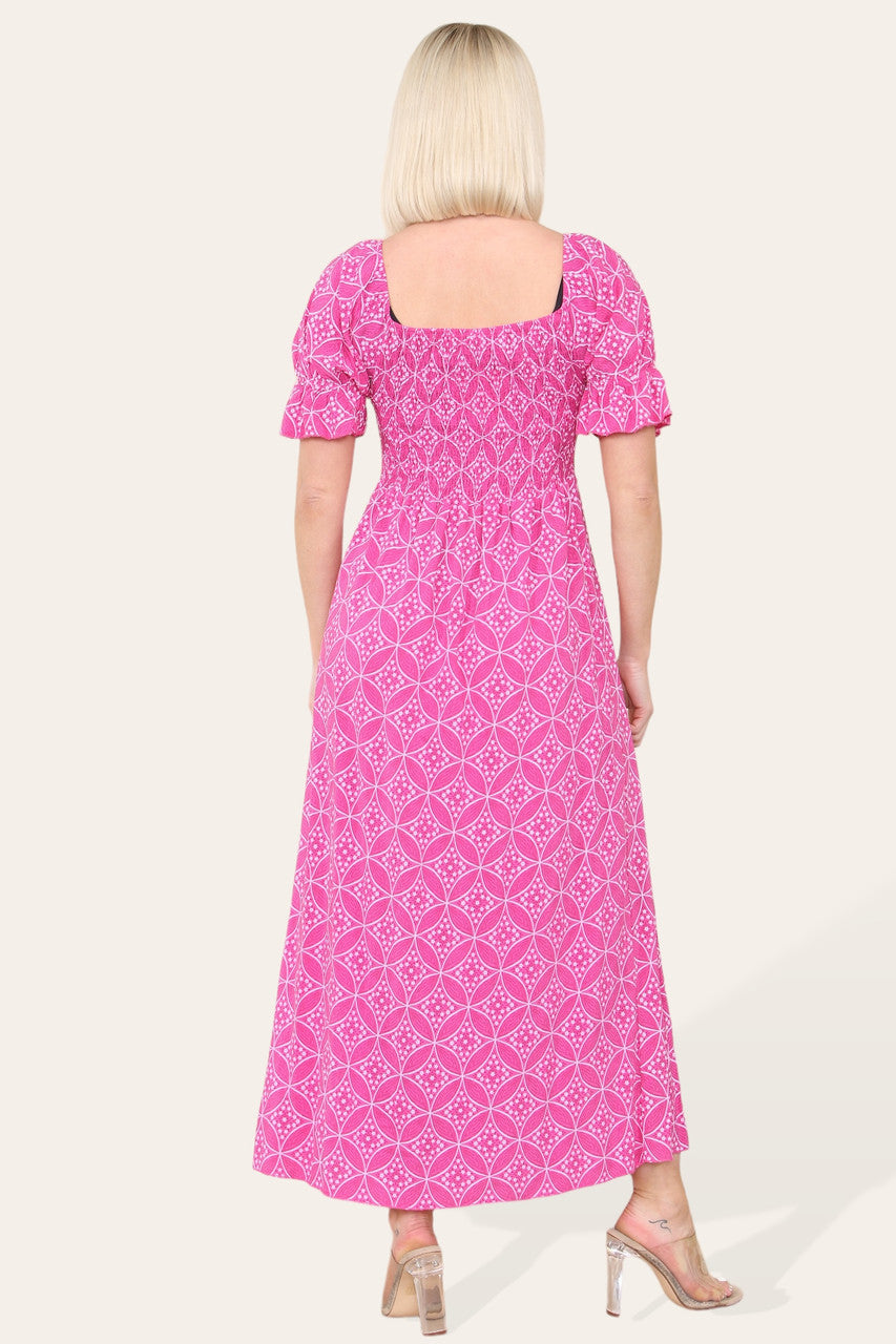 MAXIJURK MET BARDOT-HALS, GEOMETRISCHE BLOEMPRINT EN CERISE KLEUR