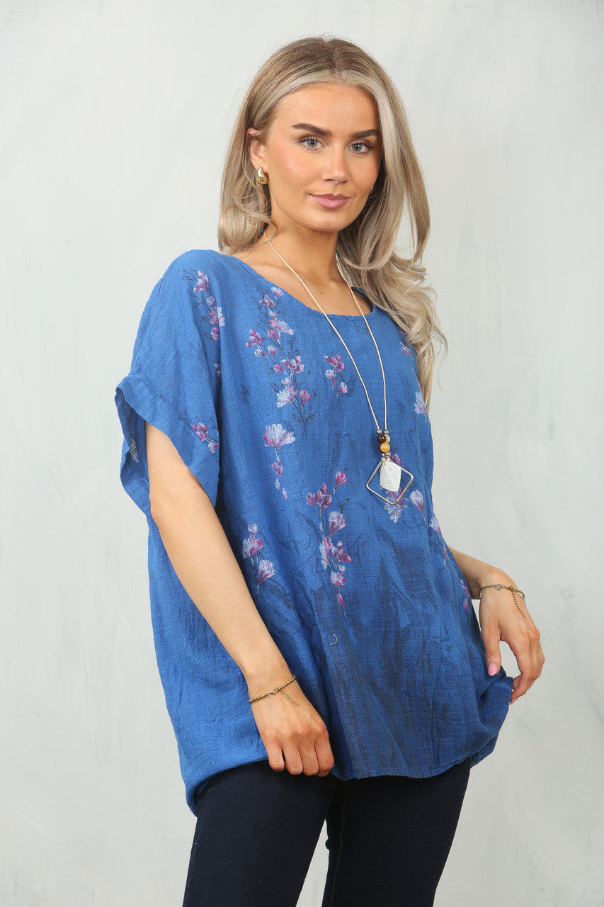 BLOSSOM BORDER PRINT TOP - KONINGSBLAUW