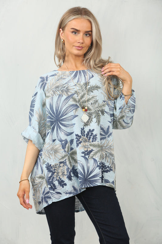 LEAF & TREE PRINT TOP - LIGHT BLUE