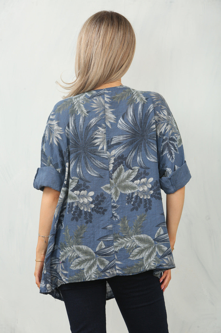 TOP MET BLAD- EN BOOMPRINT - NAVY