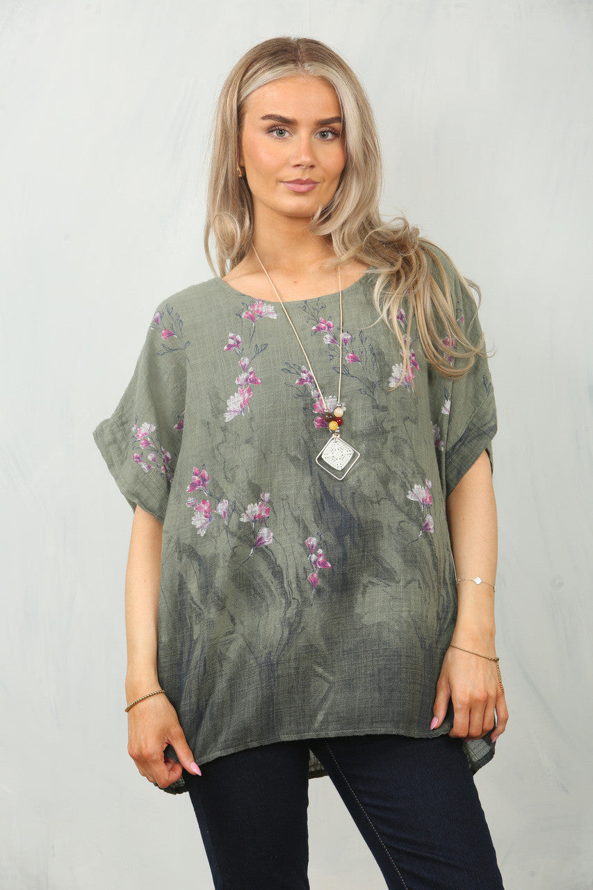 TOP MET BLOEMENRANDPRINT - KHAKI