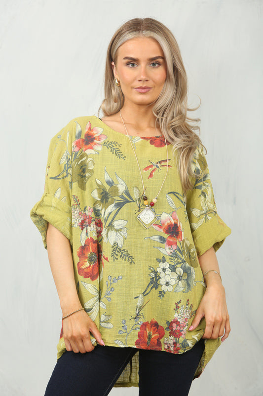 FLORAL POPPY PRINT TOP - MUSTARD