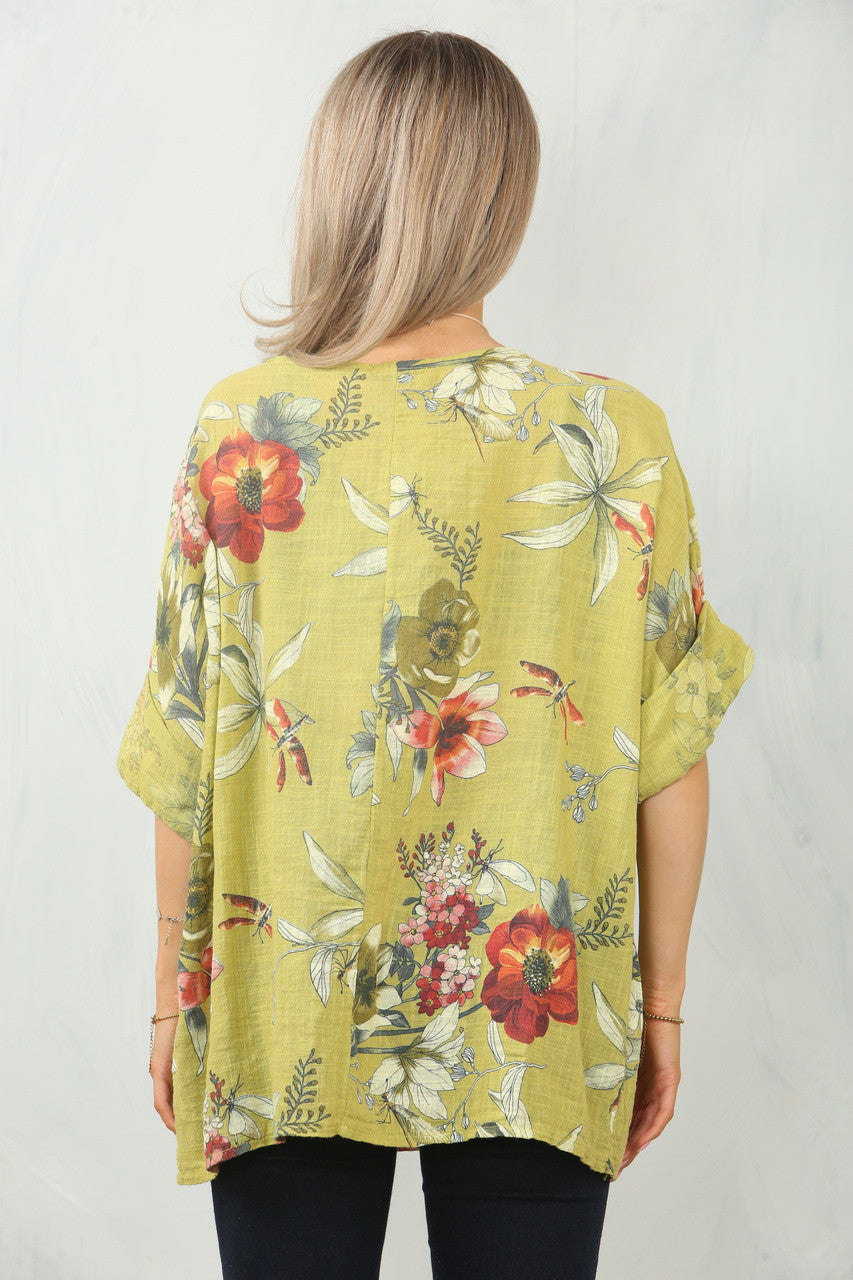 FLORAL POPPY PRINT TOP - MUSTARD