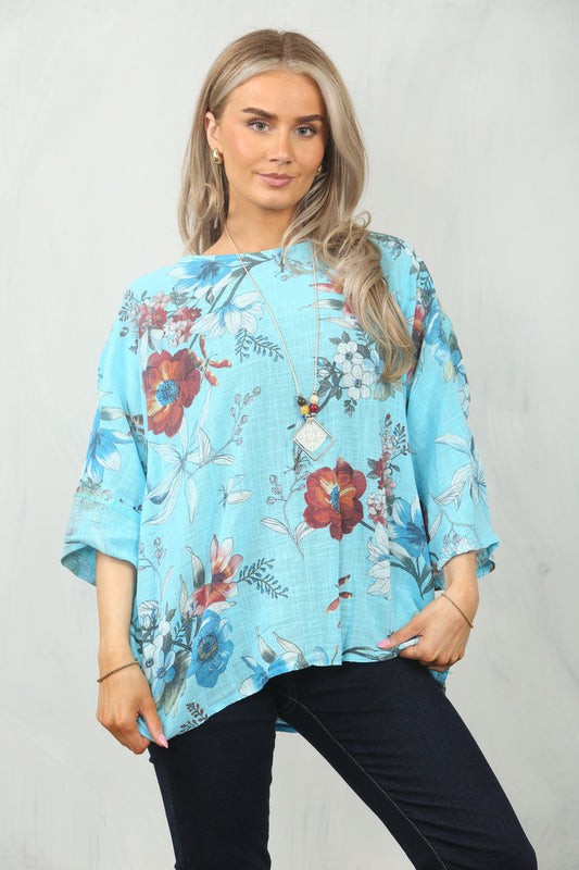 FLORAL POPPY PRINT TOP - TURQUOISE