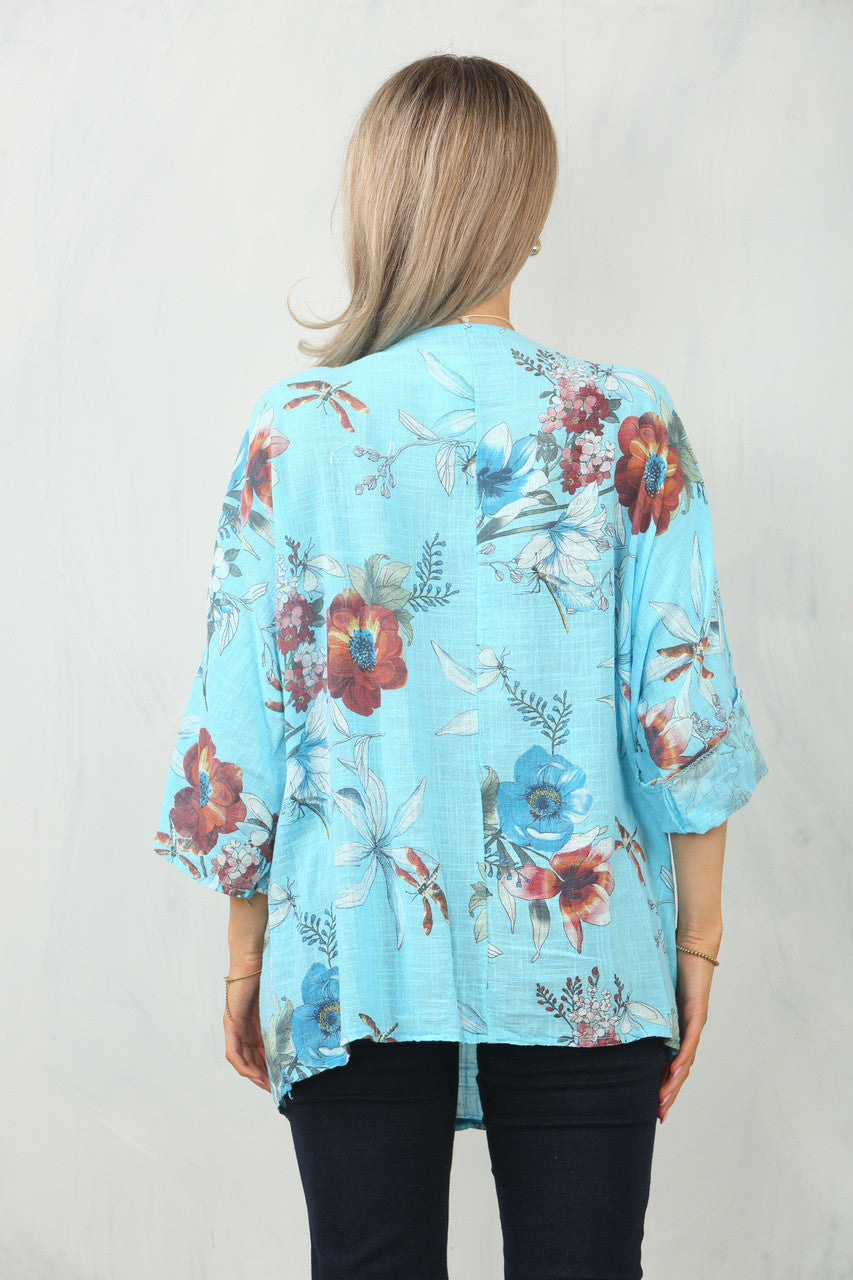 TOP MET BLOEMEN- EN KLAVERBLOEMPRINT - TURQUOISE