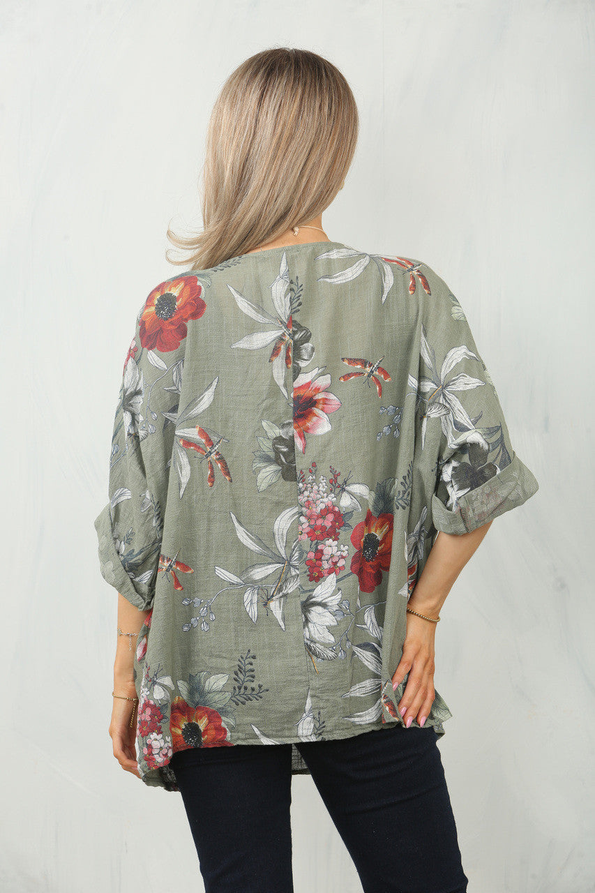 FLORAL POPPY PRINT TOP - KHAKI