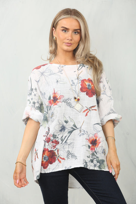 FLORAL POPPY PRINT TOP - WHITE