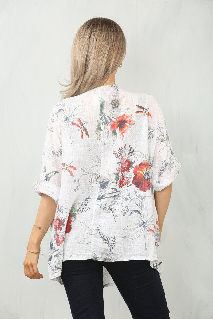 TOP MET BLOEMENPRINT EN KLAPROZEN - WIT