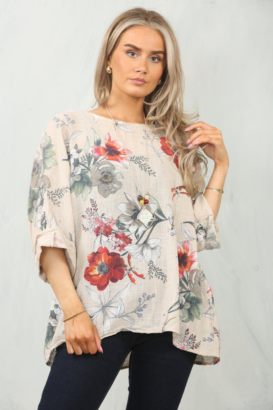 FLORAL POPPY PRINT TOP - STONE