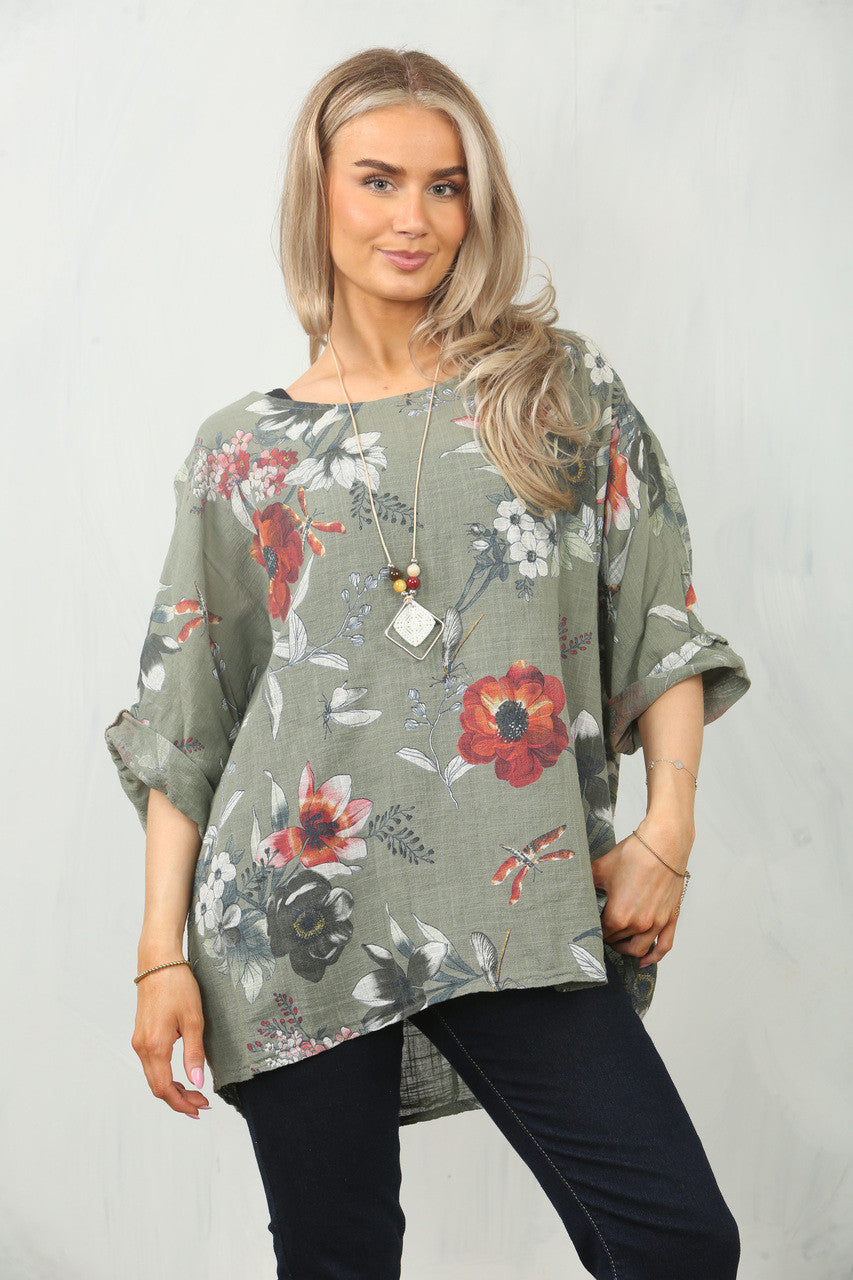 TOP MET BLADPRINT EN PAPAVER - TAUPE