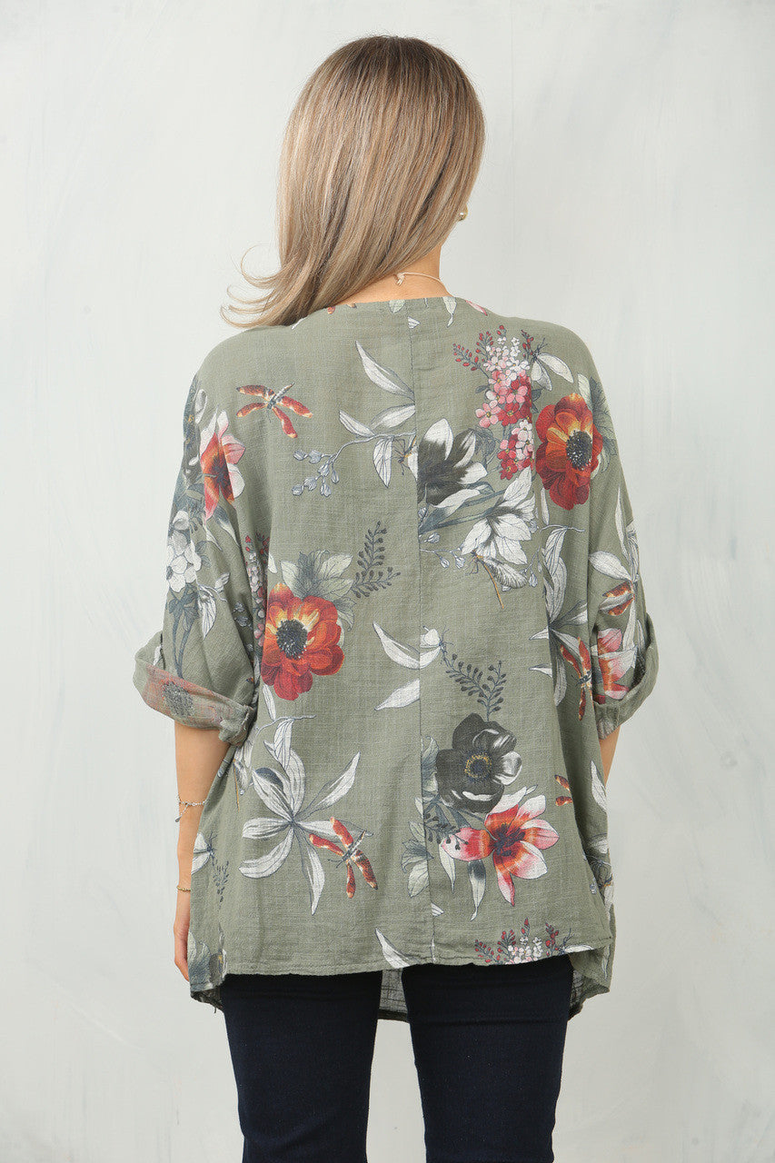 TOP MET BLADPRINT EN PAPAVER - TAUPE