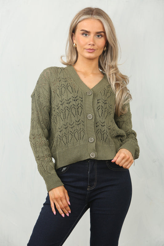 CROCHET KNIT CARDIGAN - KHAKI