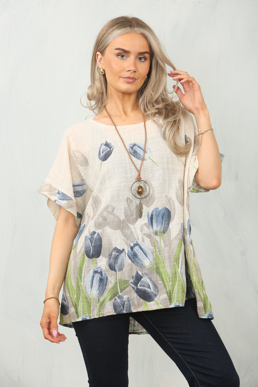 TULP BORDER PRINT TOP - STONE