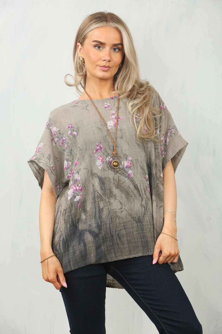 BLOSSOM BORDER PRINT TOP - TAUPE