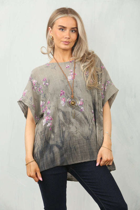 BLOSSOM BORDER PRINT TOP - TAUPE