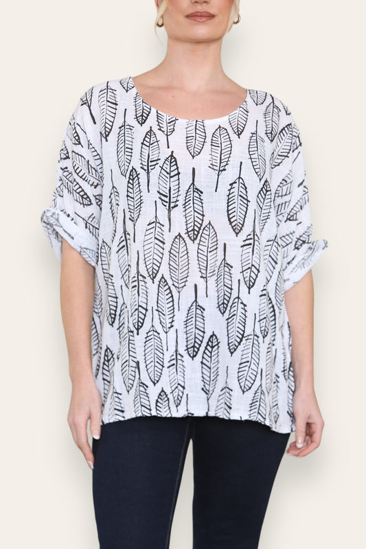LEAF SKELETON PRINT TOP WHITE