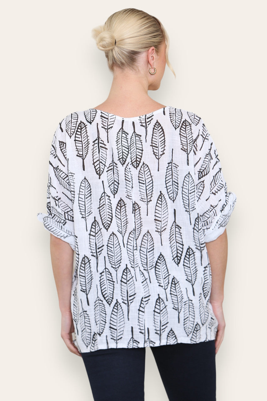 LEAF SKELETON PRINT TOP WHITE