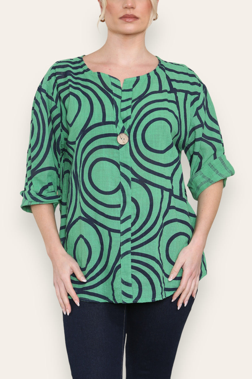 Ronde print top met mandarijnkraag en knoopsluiting - groen