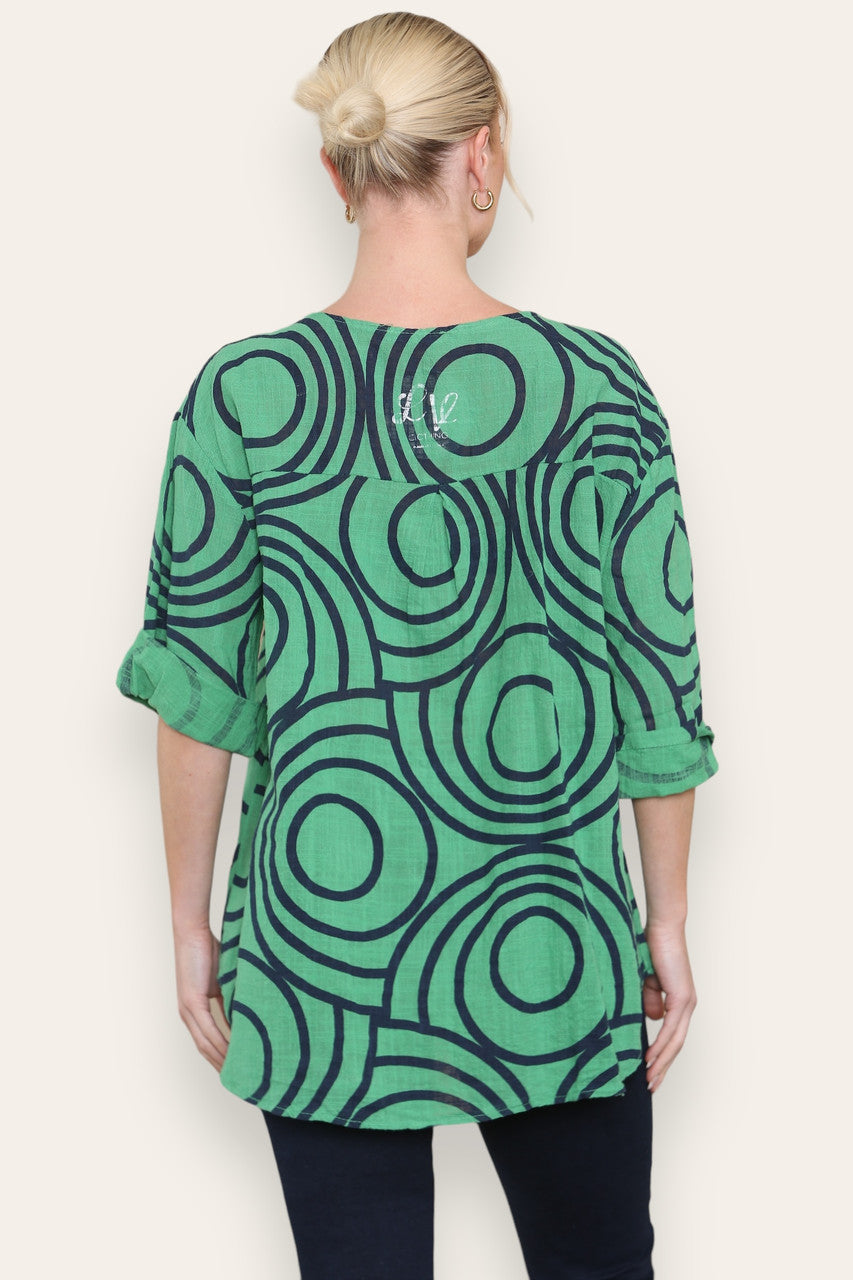 Ronde print top met mandarijnkraag en knoopsluiting - groen