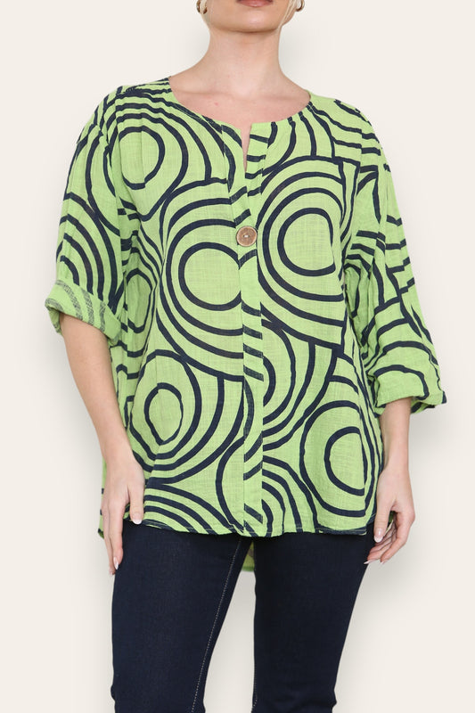 CIRCLE SWIRL PRINT GRANDAD COLLAR BUTTON FRONT TOP LIME