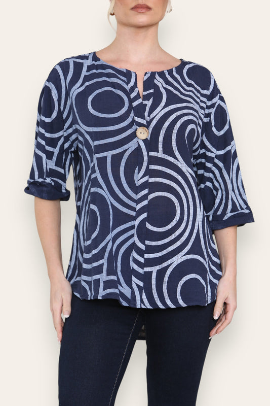 CIRCLE SWIRL PRINT GRANDAD COLLAR BUTTON FRONT TOP NAVY