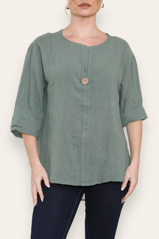 PLAIN GRANDAD COLLAR BUTTON FRONT TOP KHAKI
