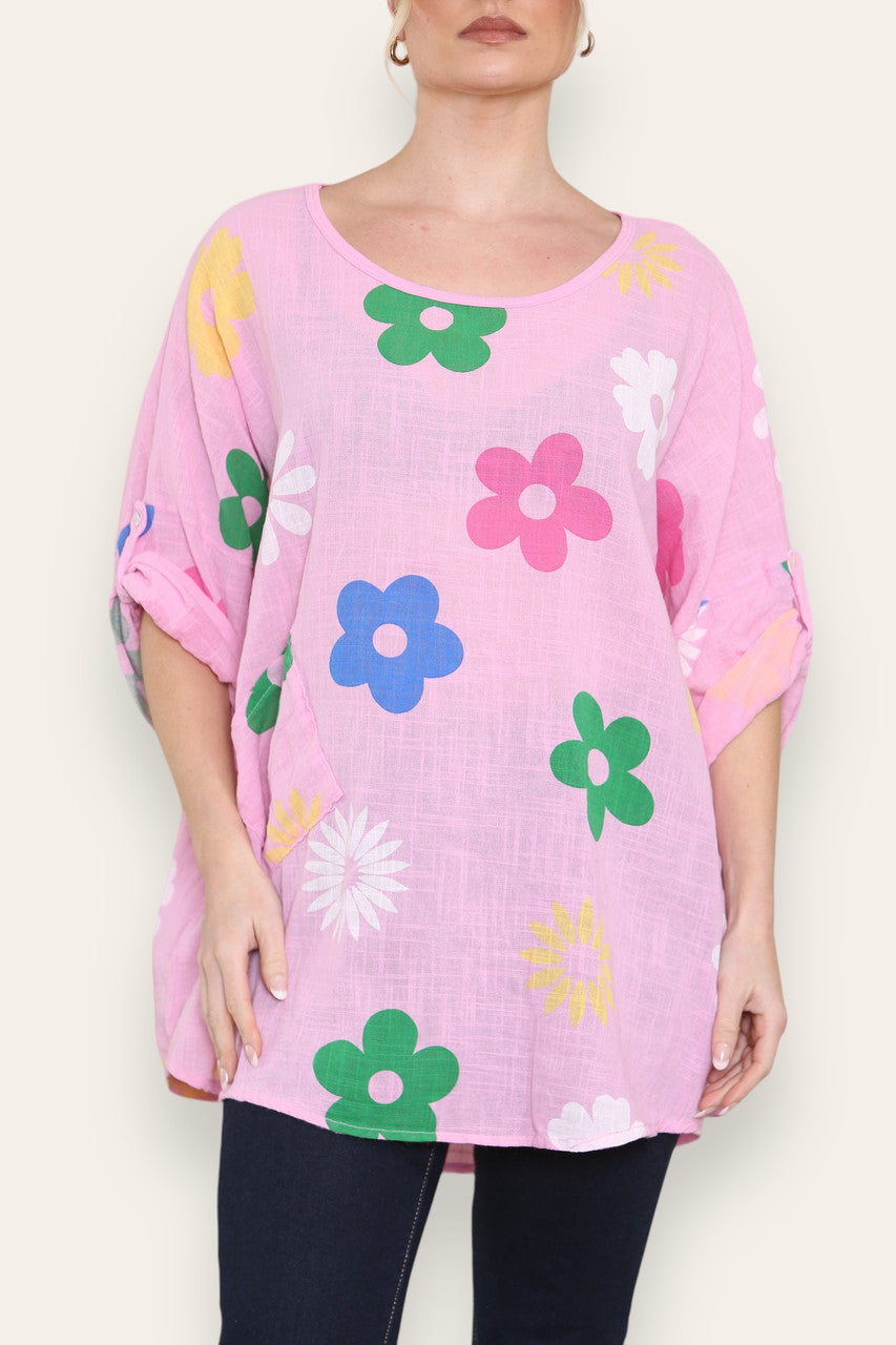 COLOURFUL FLORAL MINX PRINT TOP PINK