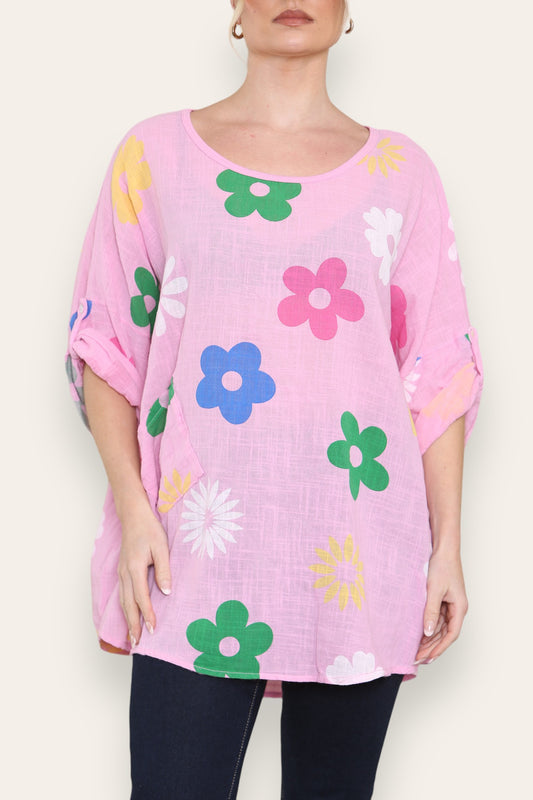 COLOURFUL FLORAL MINX PRINT TOP PINK