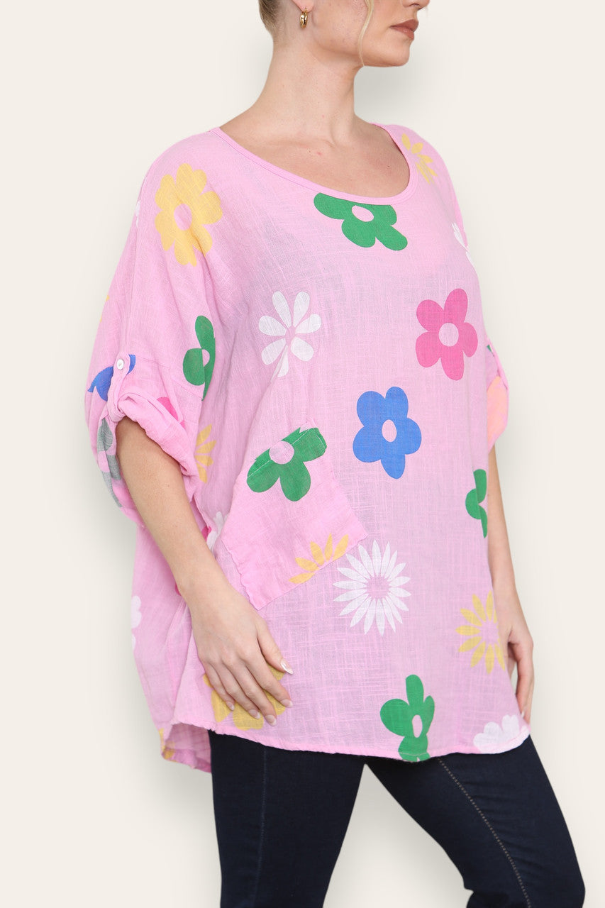 COLOURFUL FLORAL MINX PRINT TOP PINK