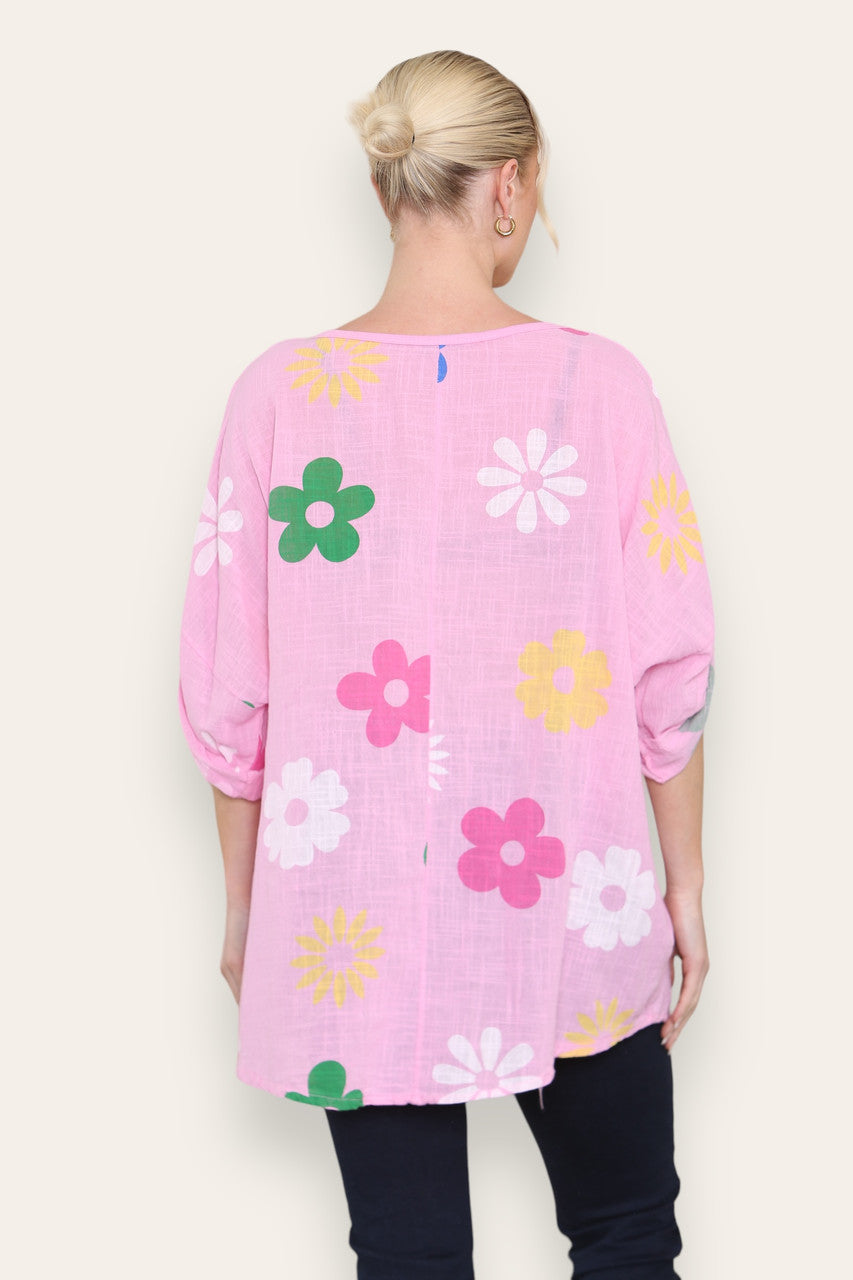 COLOURFUL FLORAL MINX PRINT TOP PINK